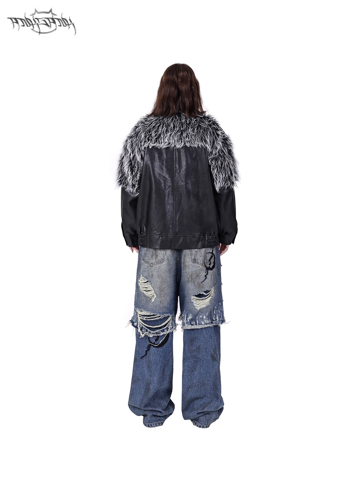 PINKSPINK ELECTRIC MOON double-layer distressed jeans — rear view with a black fur-shoulder jacket