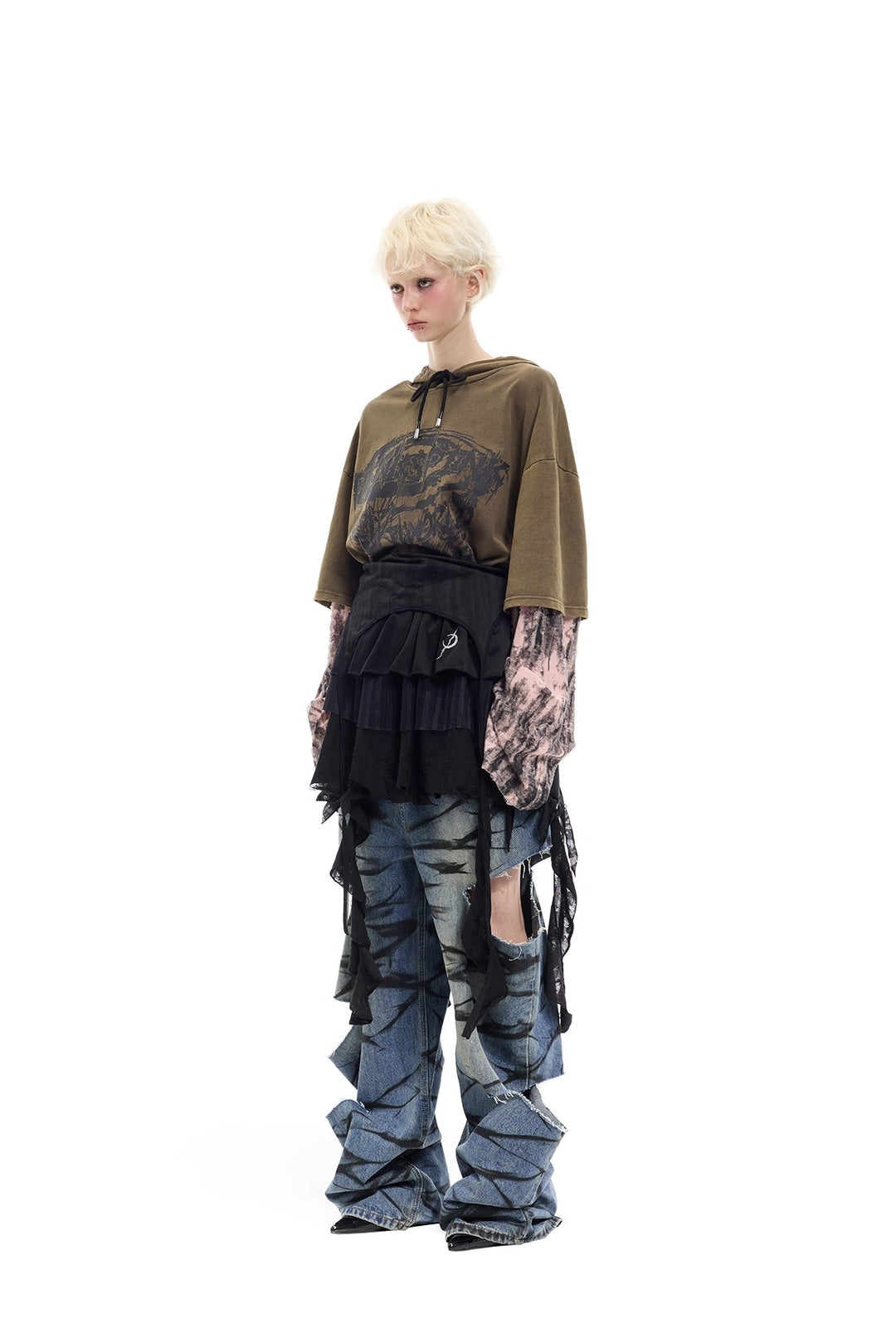 Y2K distressed loose hooded tee