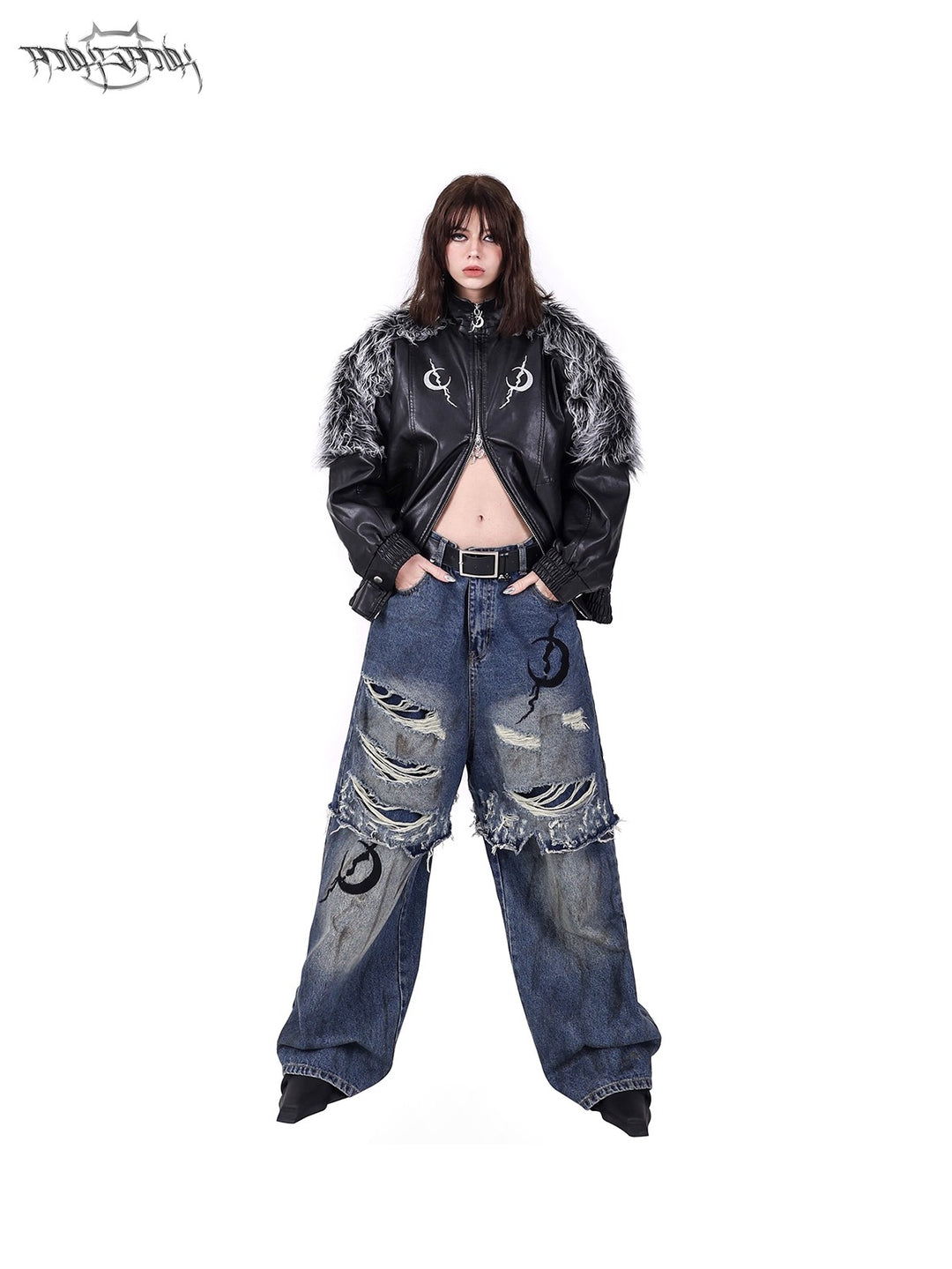 ELECTRIC MOON Double-Layer Distressed Denim Loose Jeans