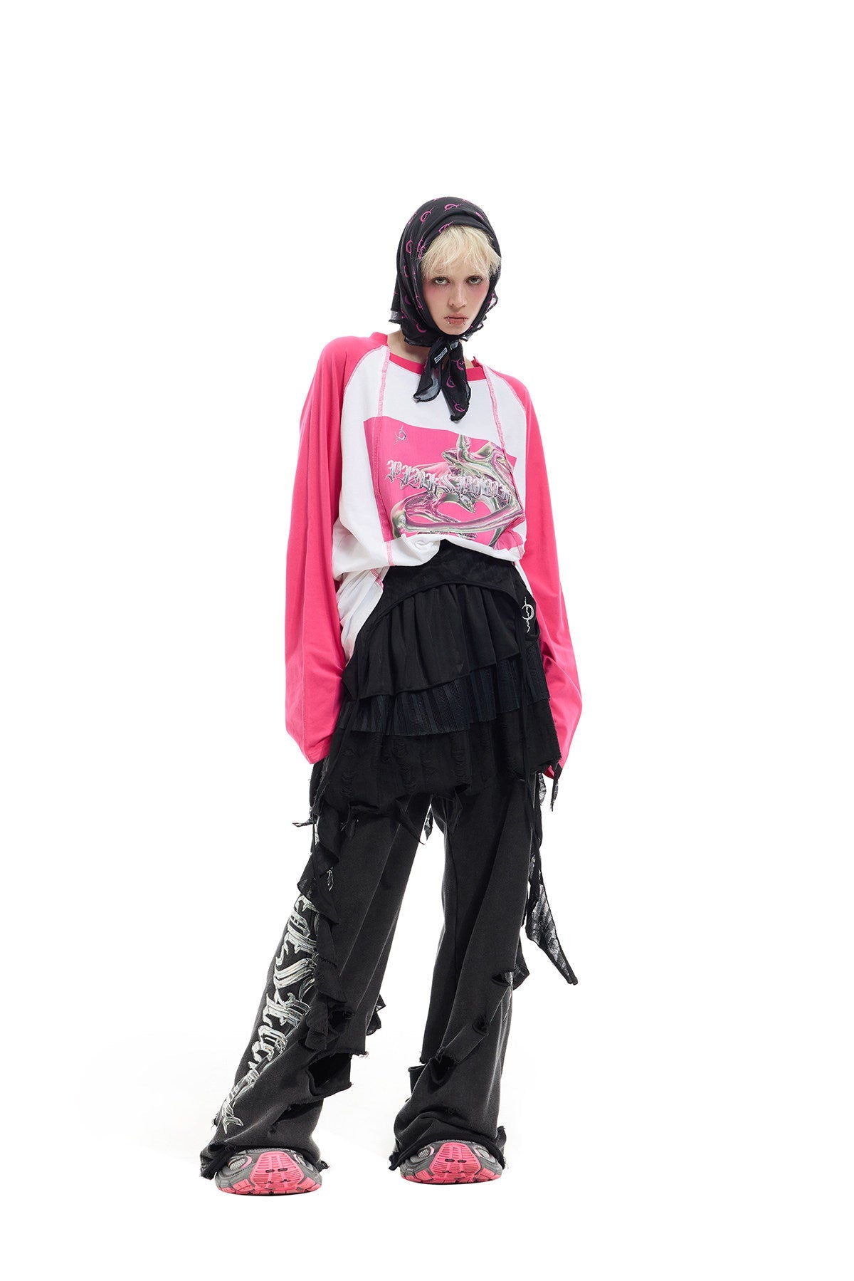 PINKSPINK REMAKE future-print raglan tee — pink full-length half-tucked styling view