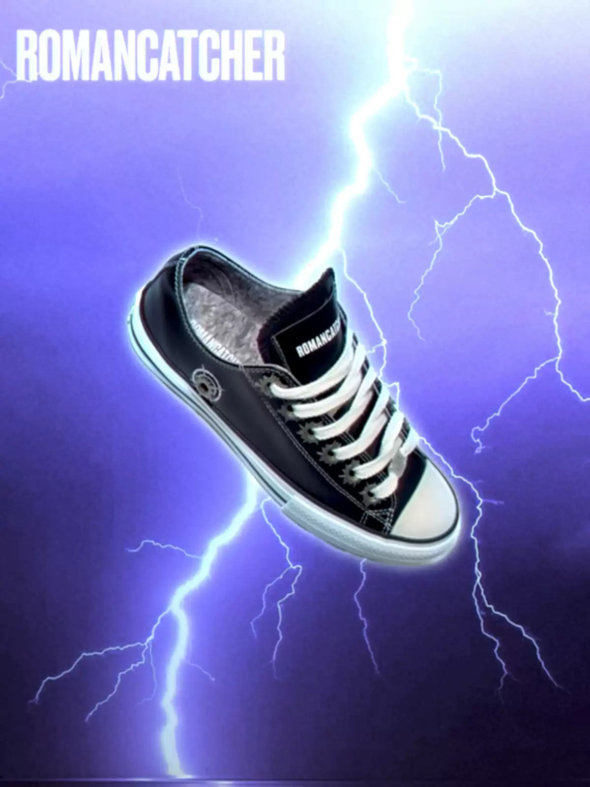 ROMAN CATCHER POWSTAR sneaker in black — angled product view against a blue lightning background.