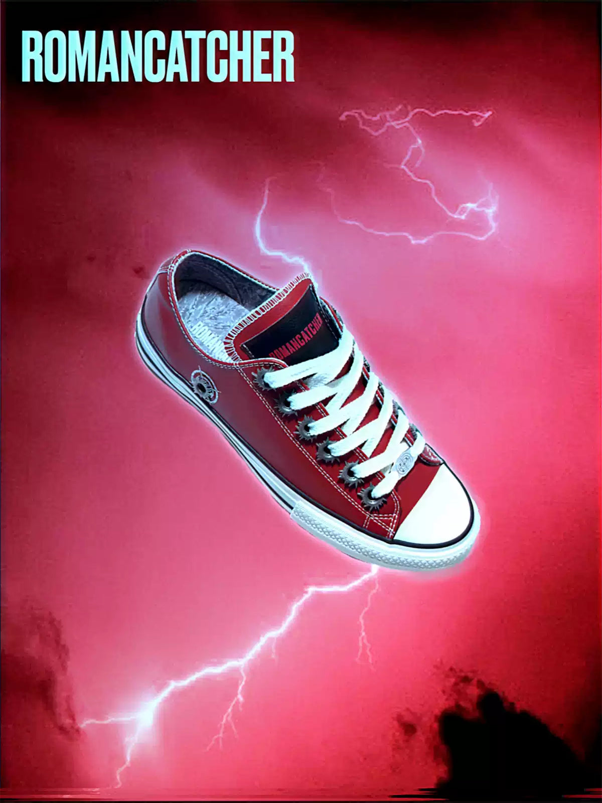 ROMAN CATCHER POWSTAR sneaker in red — angled product view against a red lightning background.