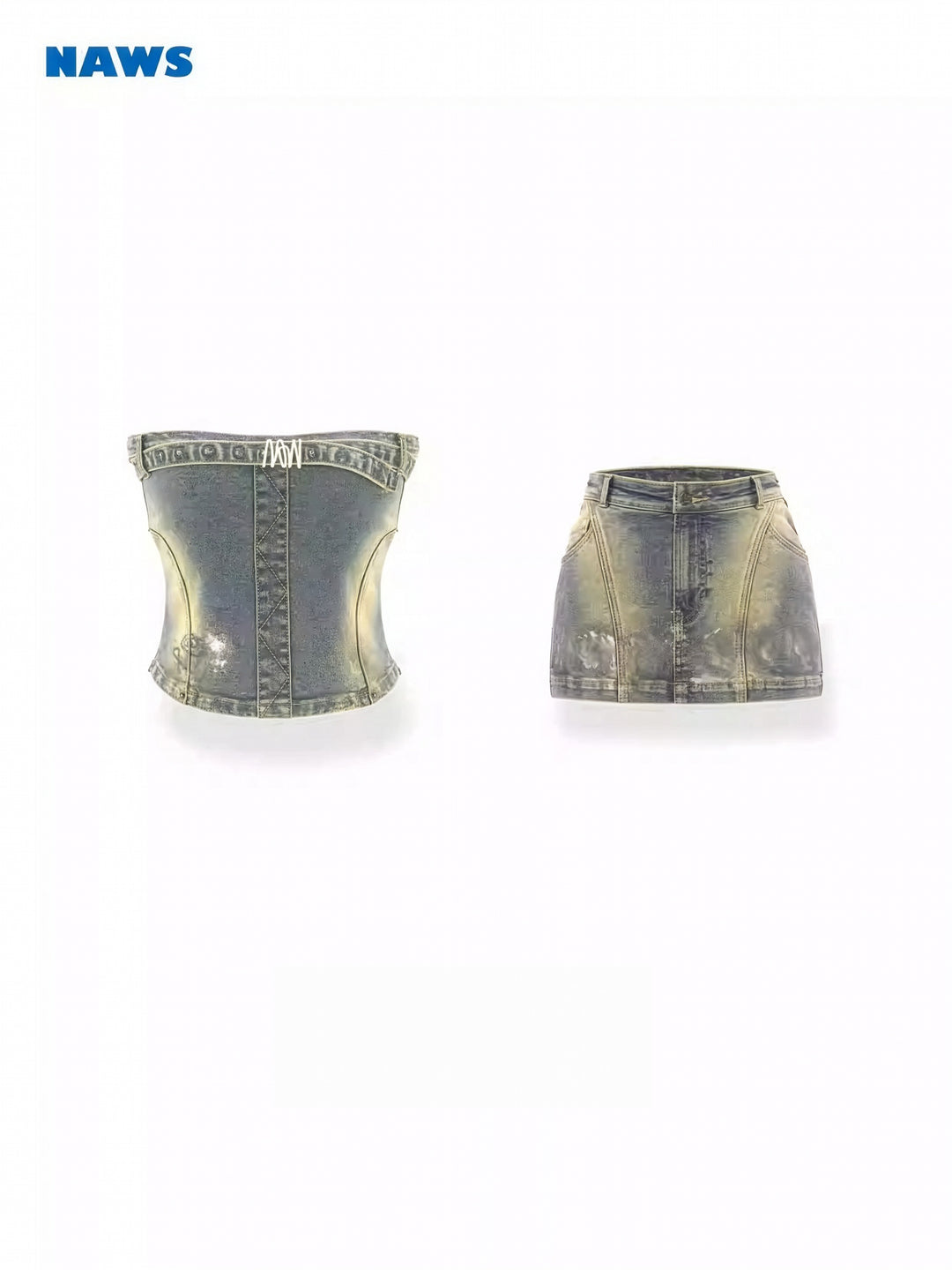 NAWS Y2K Girl Paint-Stained High-Stretch Denim Top & Bandeau Skirt Set