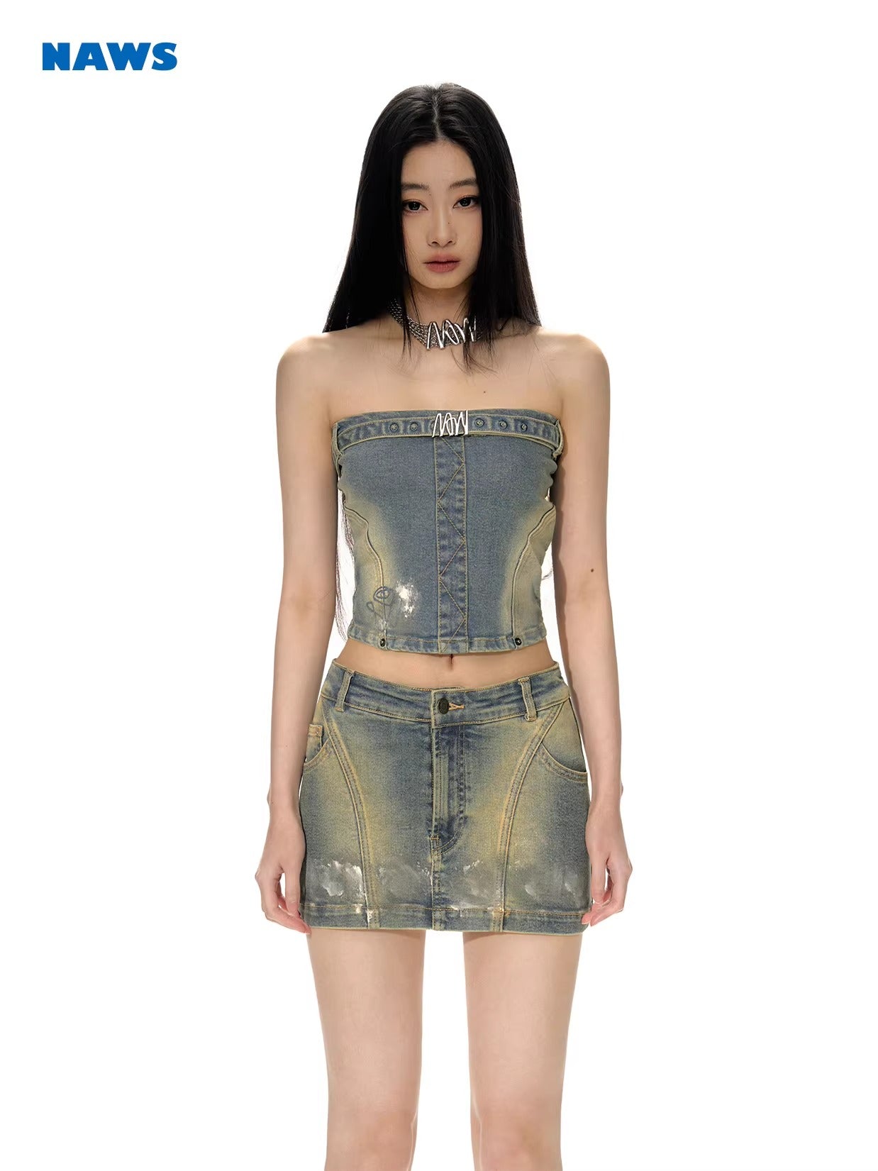 NAWS Y2K Girl Paint-Stained High-Stretch Denim Top & Bandeau Skirt