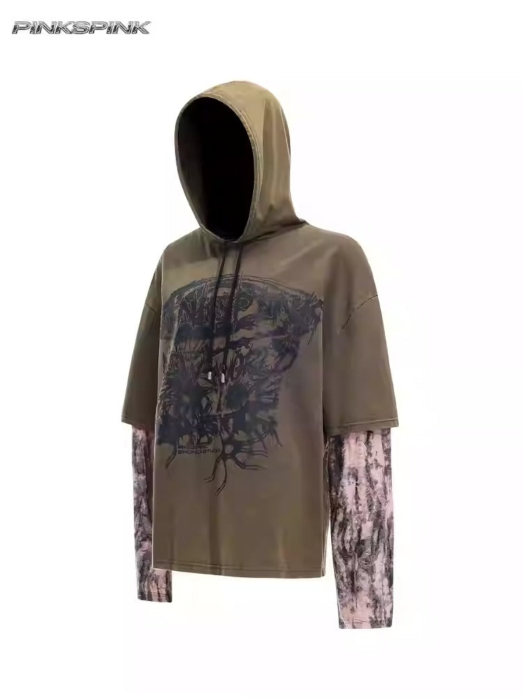Y2K distressed loose hooded tee