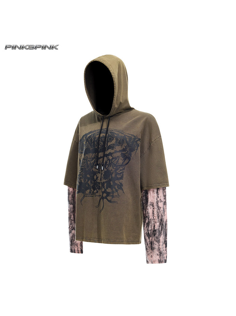 PINKSPINK REMAKE coffee hooded tee — isolated front view showing the hood and contrast sleeves