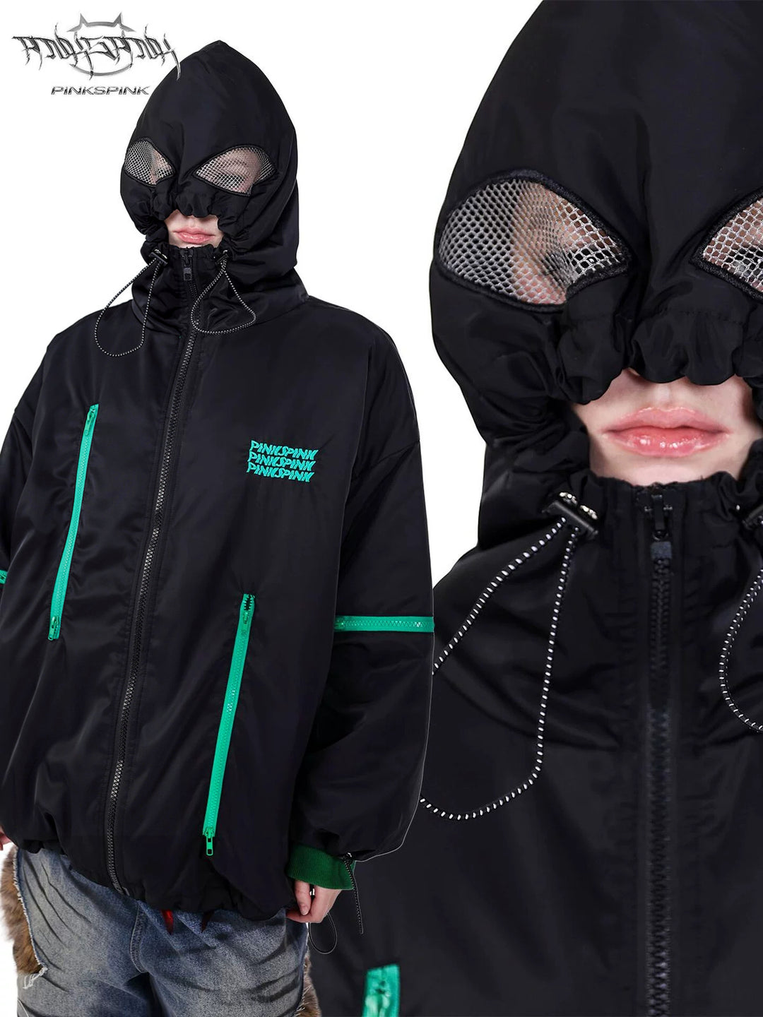 PINKSPINK ALIEN oversized padded zip jacket in black — collage of a three-quarter modeled view and alien-eye hood close-up