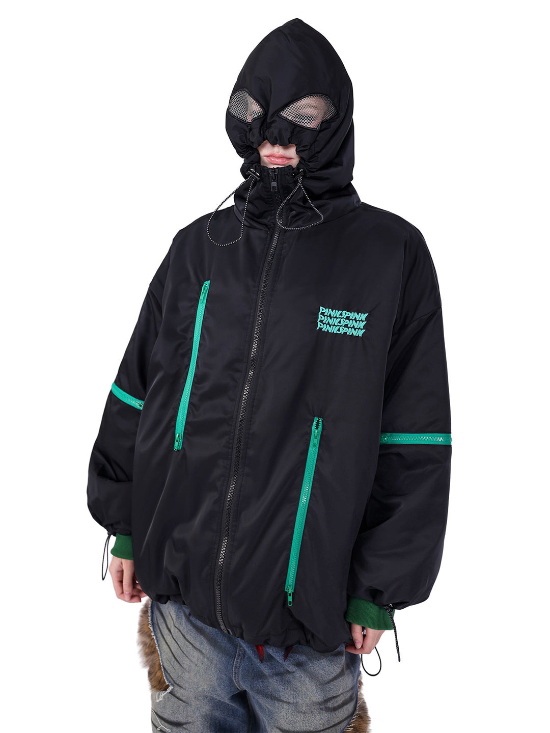 PINKSPINK ALIEN oversized padded zip jacket in black — three-quarter modeled view with the alien-eye hood raised corresponding to the hero collage