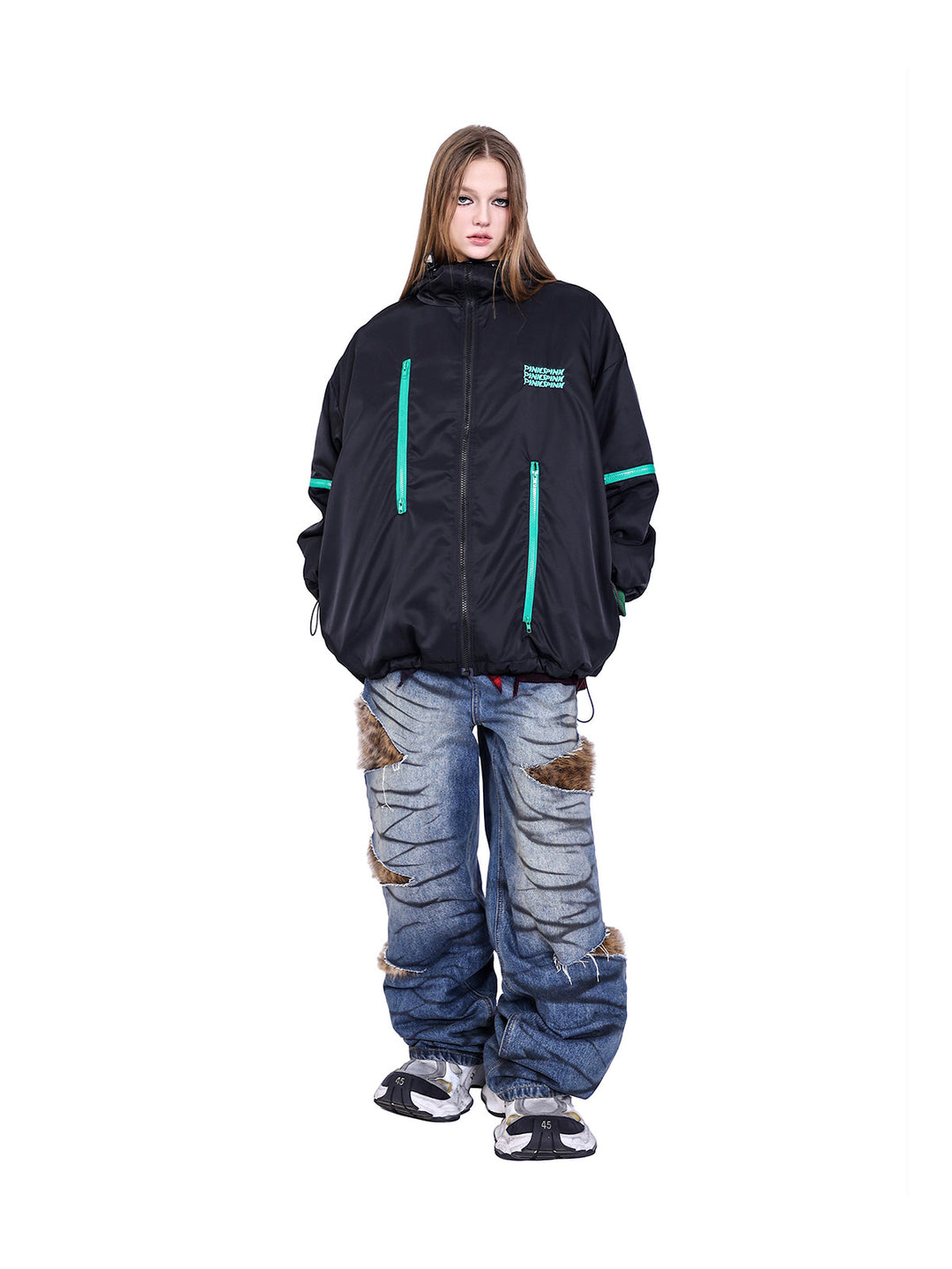 PINKSPINK ALIEN oversized padded zip jacket in black — front full-length modeled view with the hood down