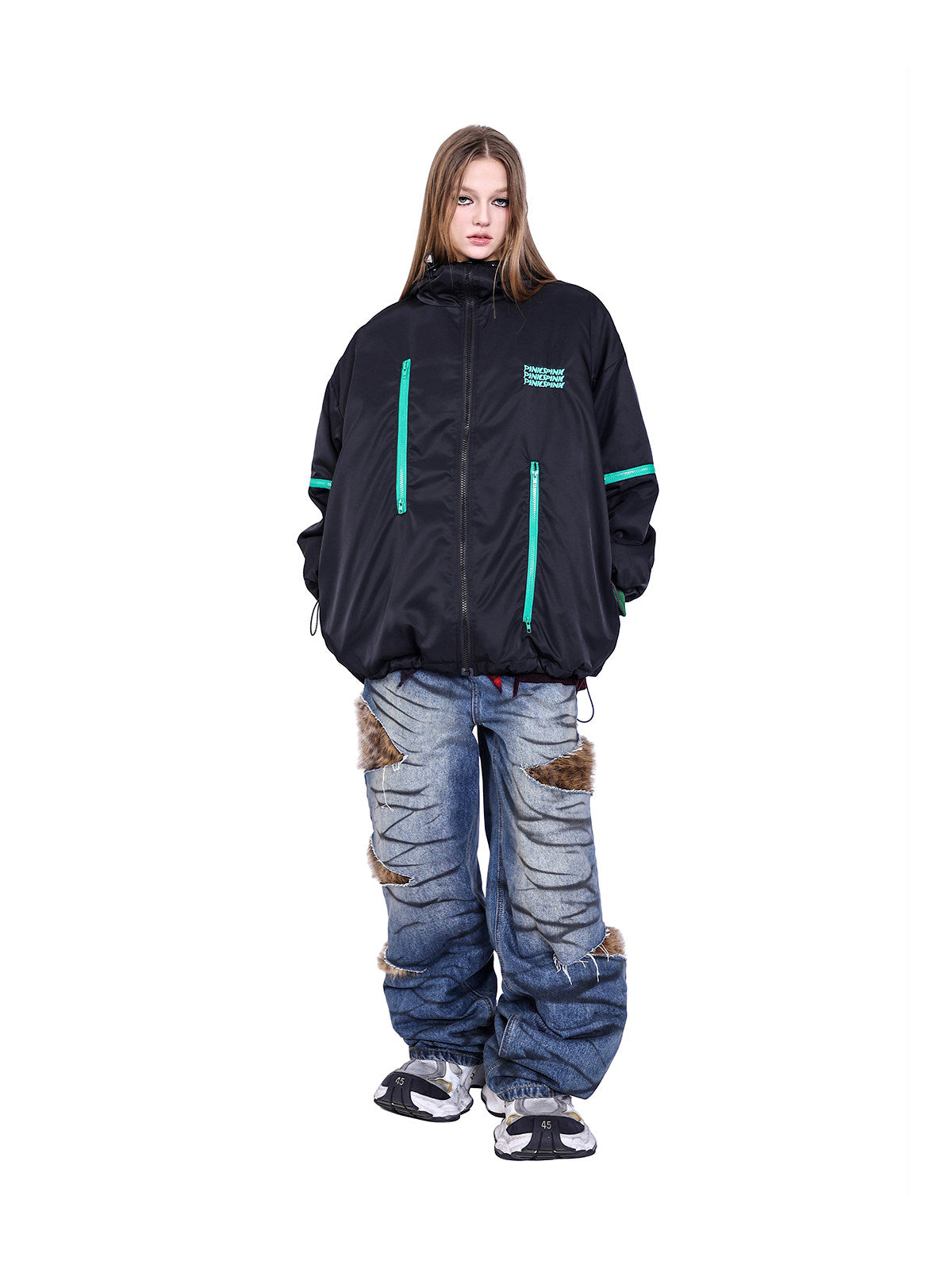 PINKSPINK ALIEN oversized padded zip jacket in black — front full-length modeled view with the hood down