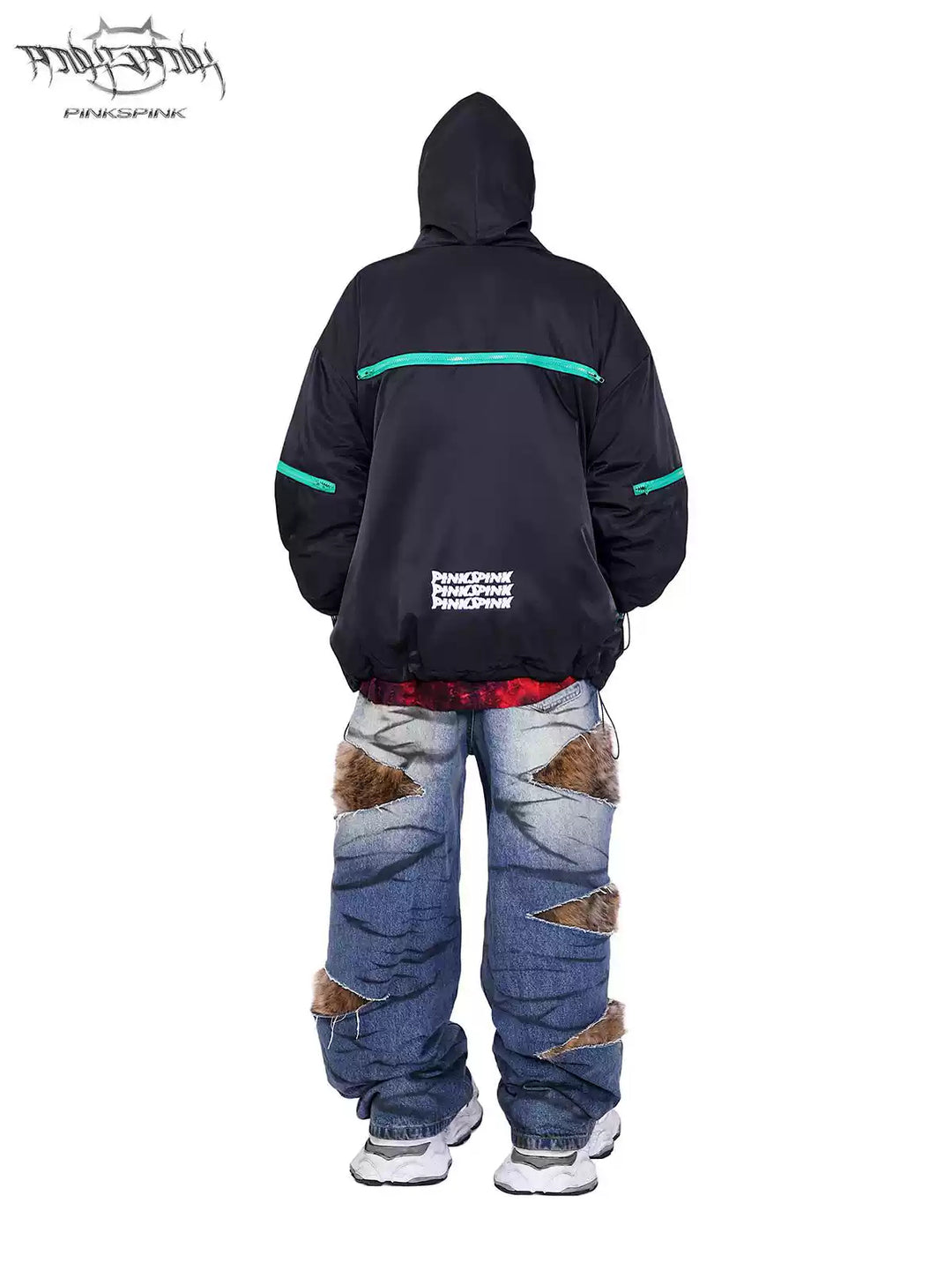 PINKSPINK ALIEN oversized padded zip jacket in black — rear full-length modeled view with feet apart