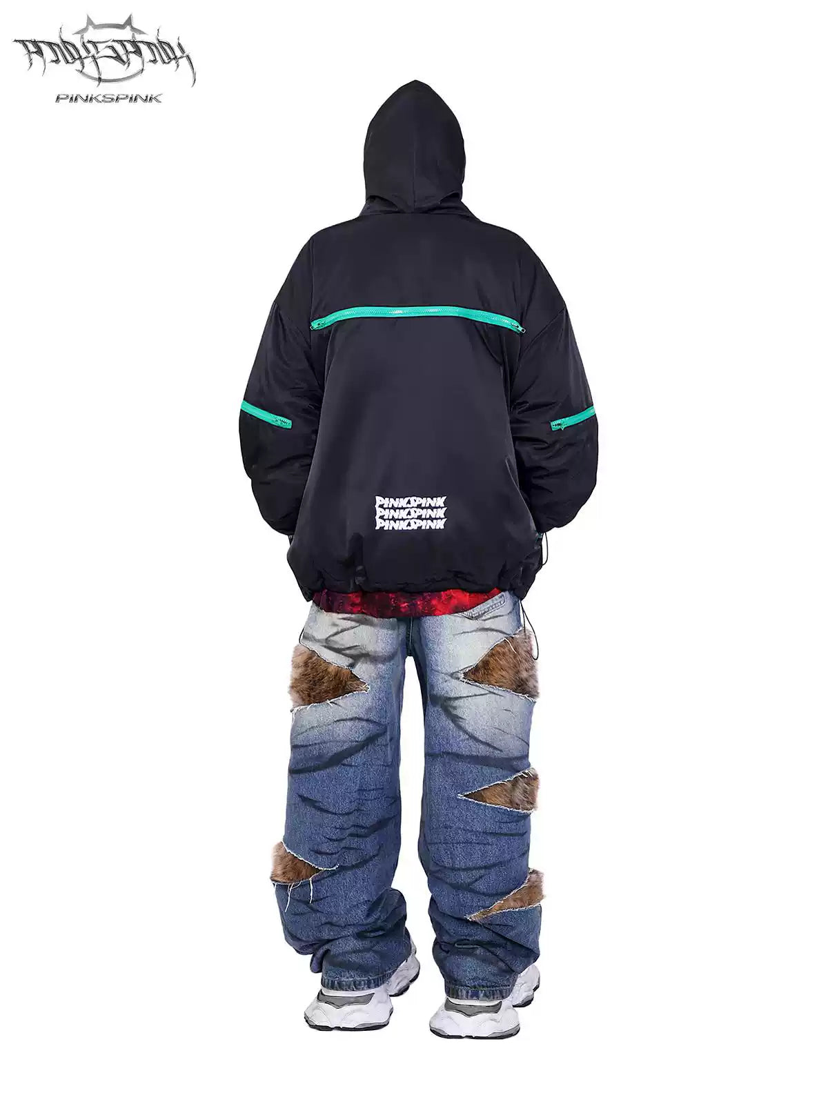 PINKSPINK ALIEN oversized padded zip jacket in black — rear full-length modeled view with feet apart