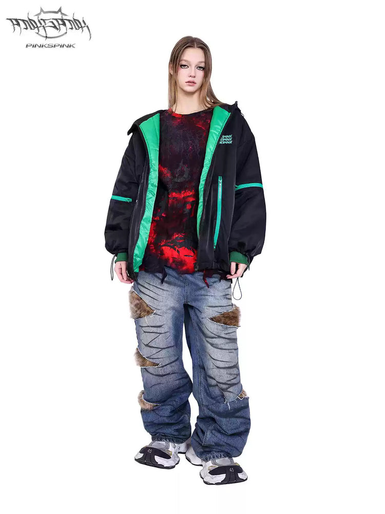 PINKSPINK ALIEN oversized padded zip jacket in black — front full-length modeled view with crossed legs and the jacket open
