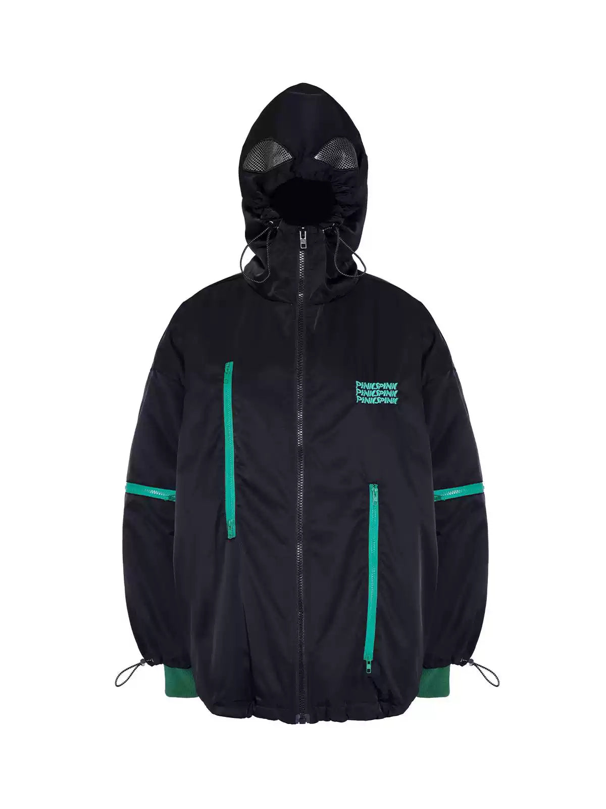 PINKSPINK ALIEN oversized padded zip jacket in black — front garment-only view showing green zippers