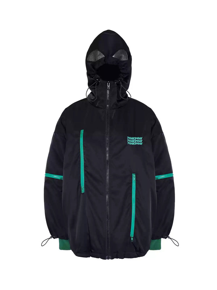 PINKSPINK ALIEN oversized padded zip jacket in black — front garment-only view showing green zippers
