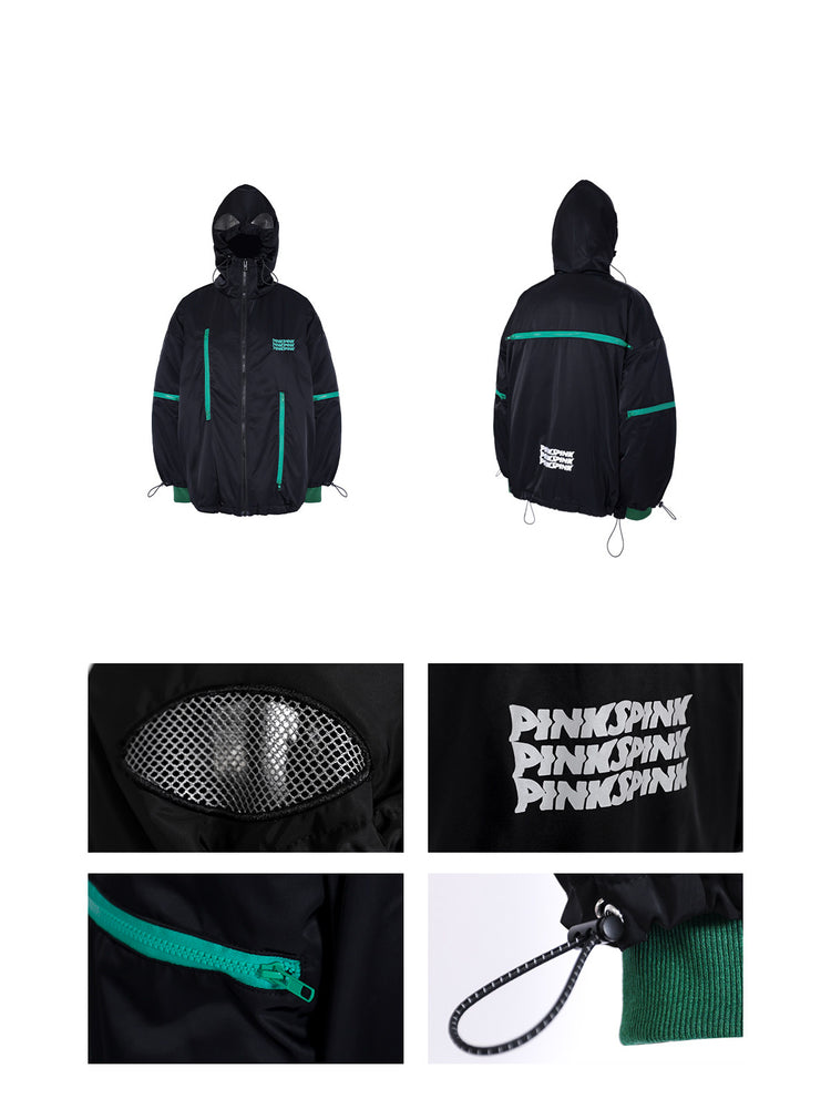 PINKSPINK ALIEN oversized padded zip jacket in black — front and back garment-only views with close-ups of the hood mesh, logo and zippers