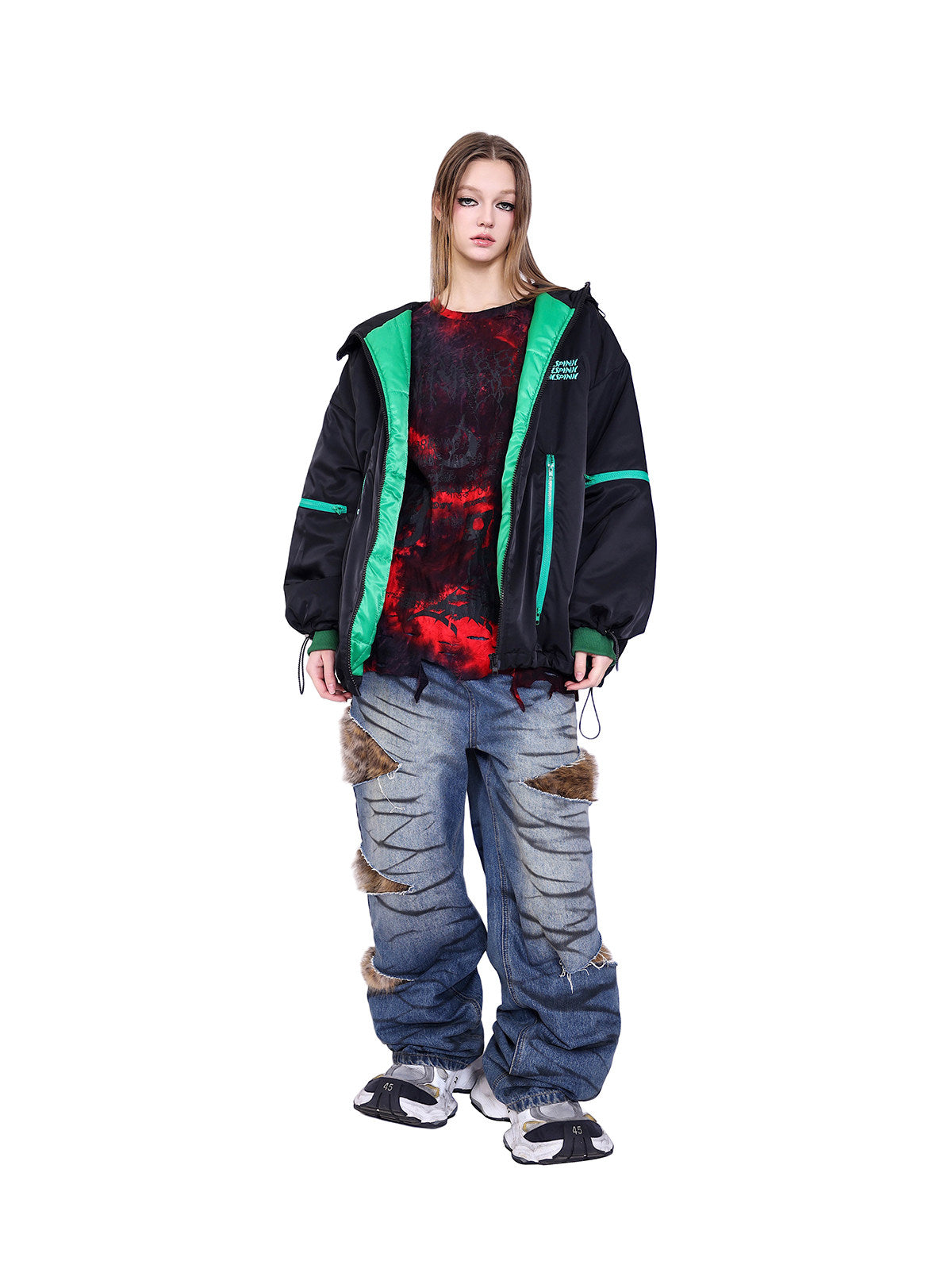 PINKSPINK ALIEN oversized padded zip jacket in black — front full-length modeled view with the jacket open and green lining visible