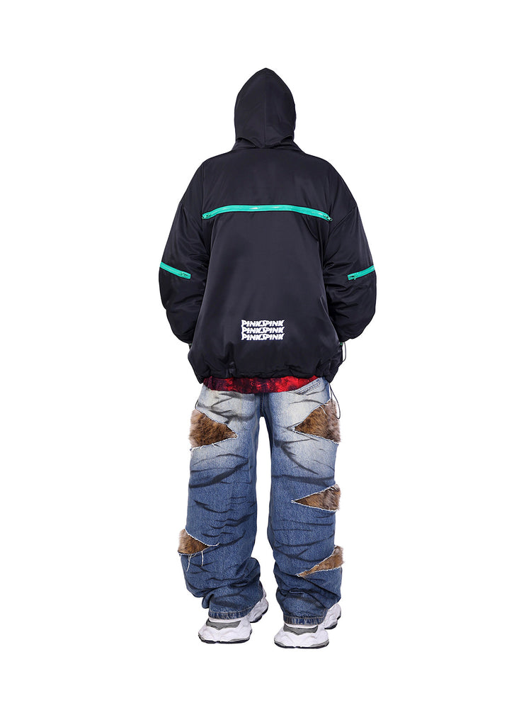PINKSPINK ALIEN oversized padded zip jacket in black — rear full-length modeled view with a relaxed stance