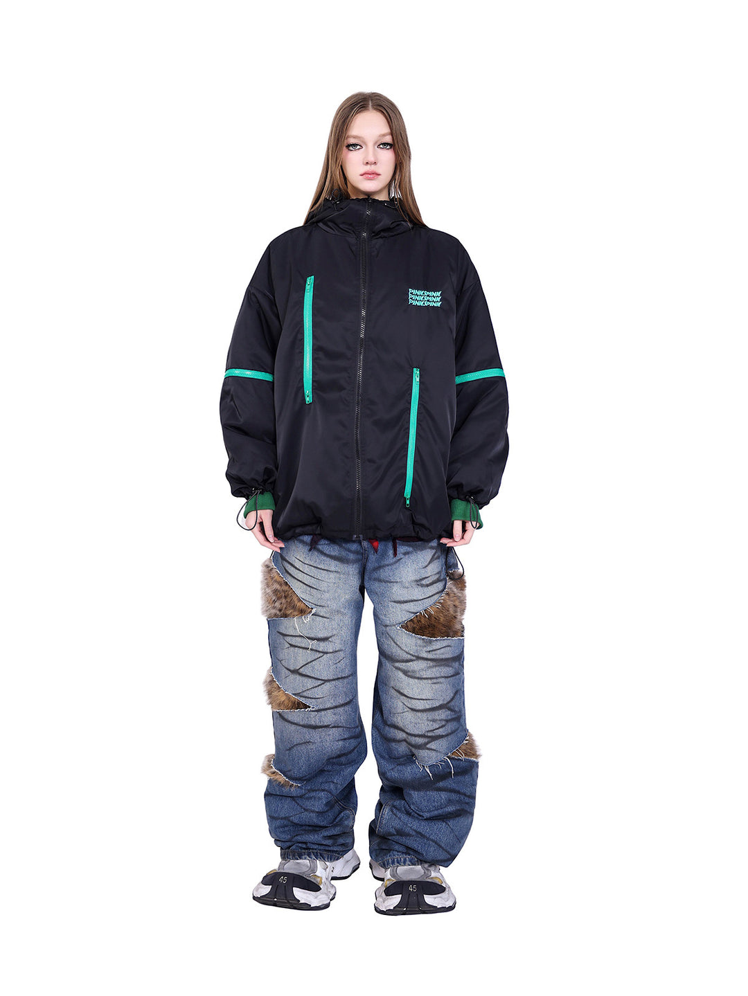 PINKSPINK ALIEN oversized padded zip jacket in black — front full-length modeled view with the hood down and arms at the sides