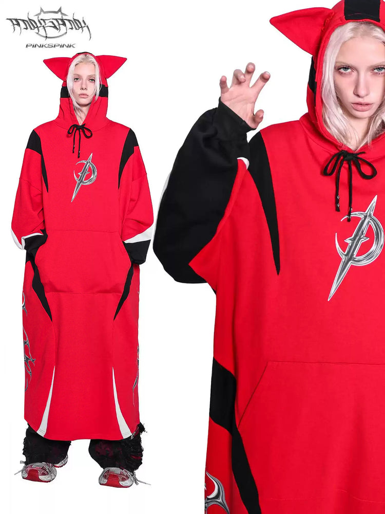PINKSPINK CAT RACER longline hoodie in red black — collage of a full-length front view and cat-ear hood close-up