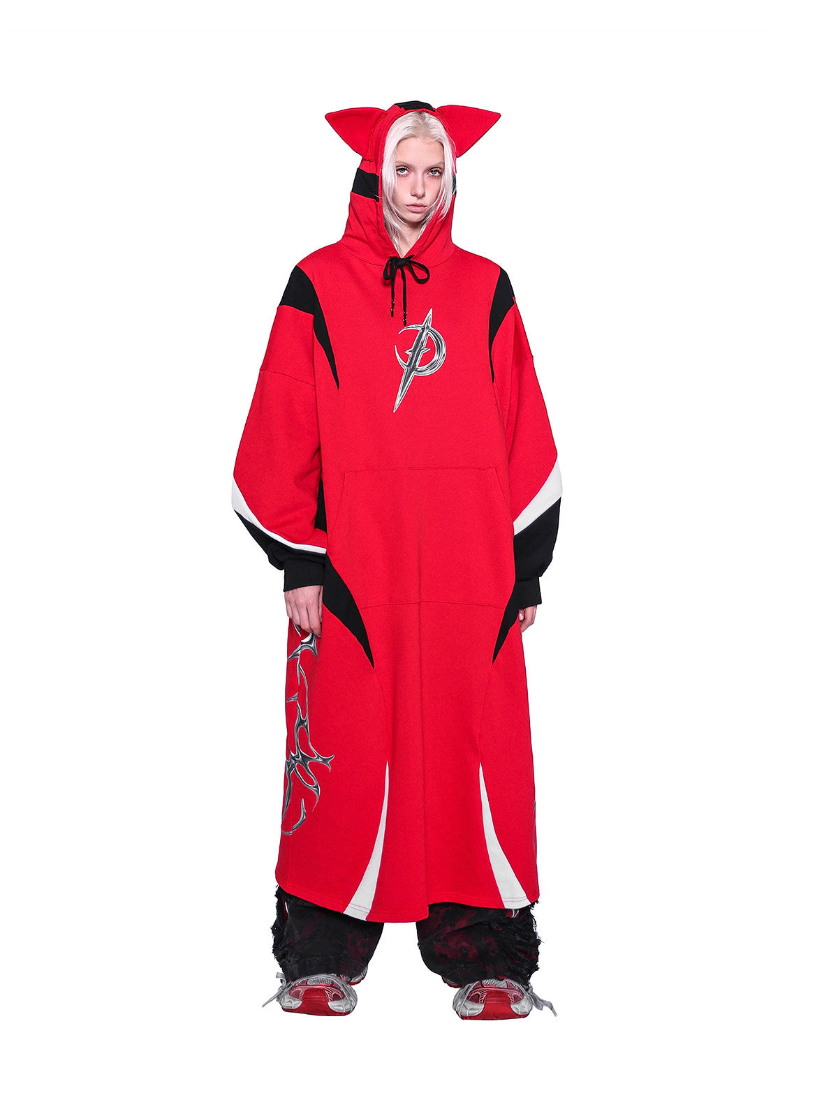 PINKSPINK CAT RACER longline hoodie in red black — front full-length modeled view with arms at the sides