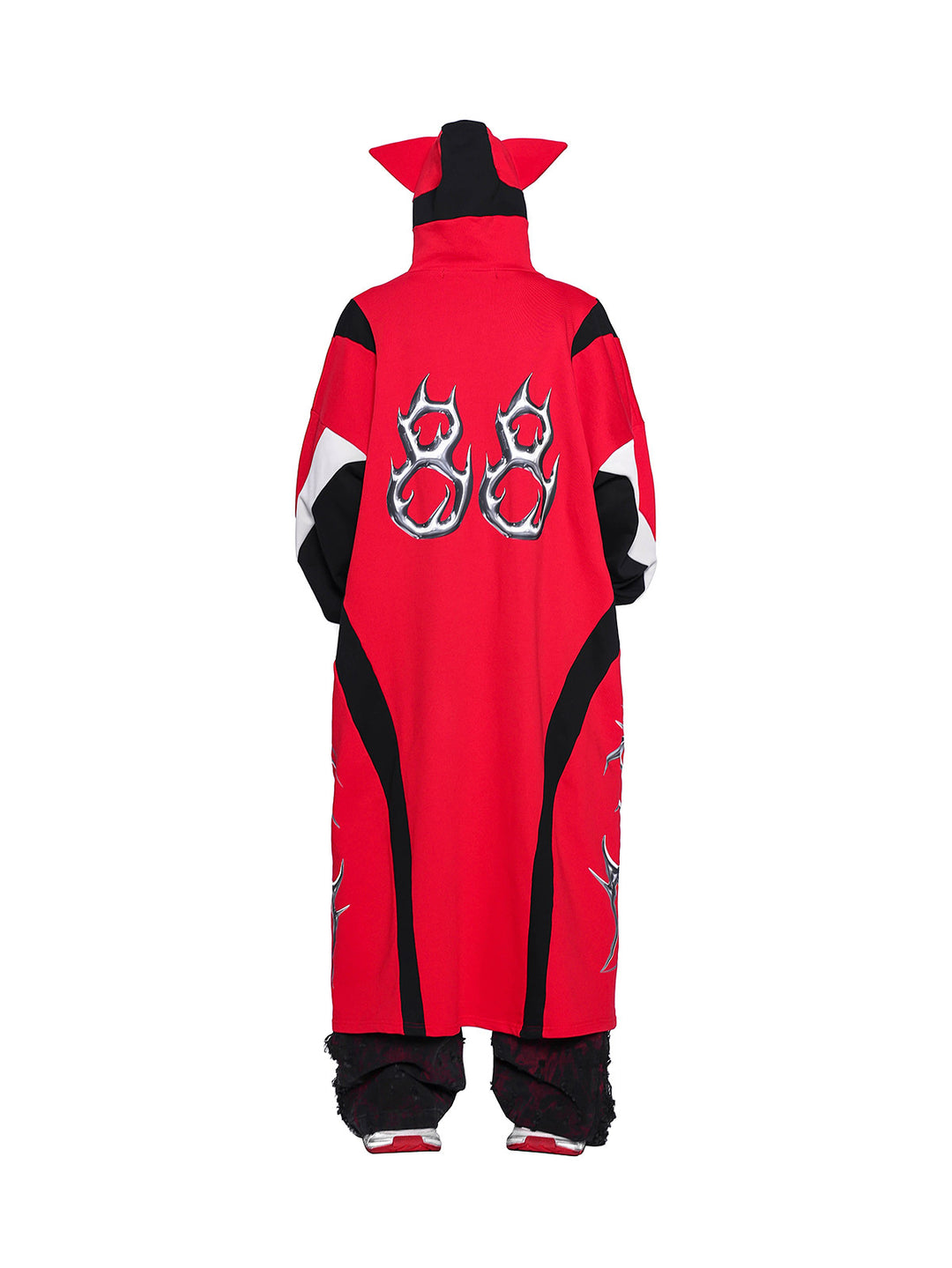PINKSPINK CAT RACER longline hoodie in red black — rear full-length modeled view showing the large back graphic