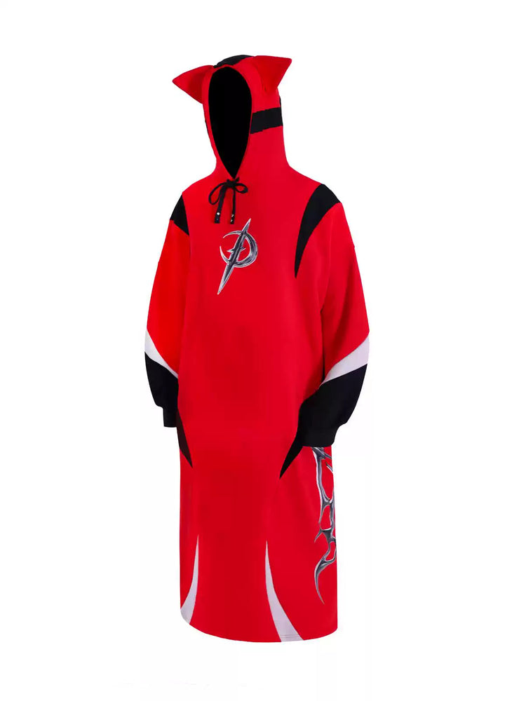 PINKSPINK CAT RACER longline hoodie in red black — front garment-only view showing the red and black panels