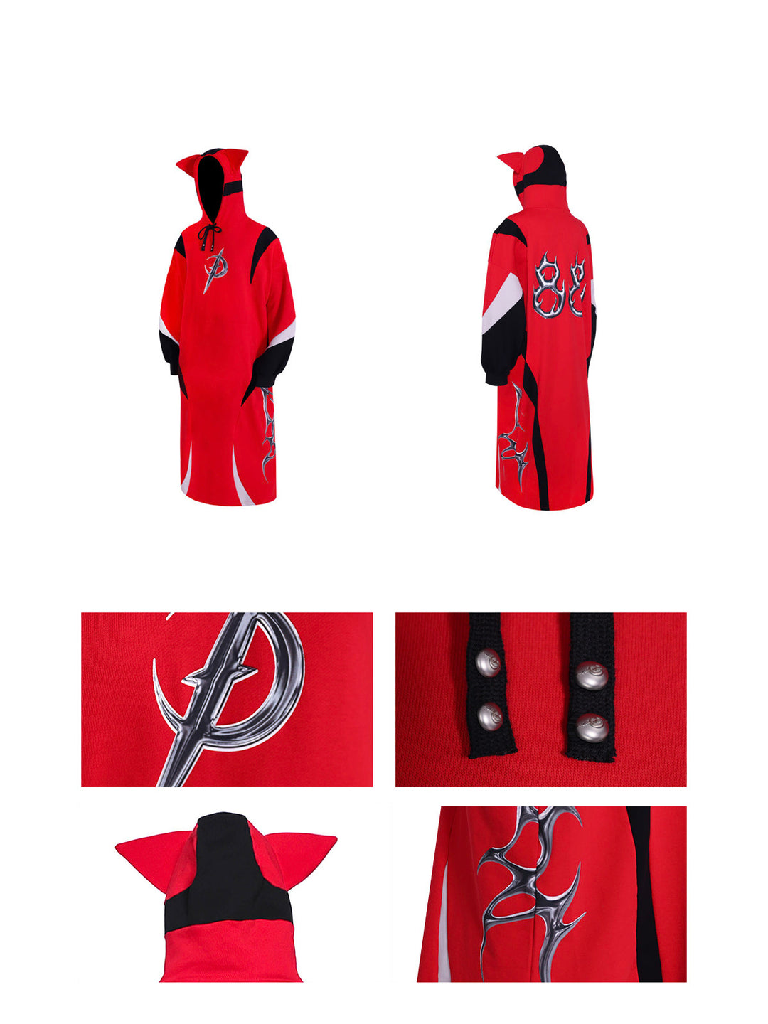PINKSPINK CAT RACER longline hoodie in red black — front and back garment-only views with hood, drawcord and graphic close-ups