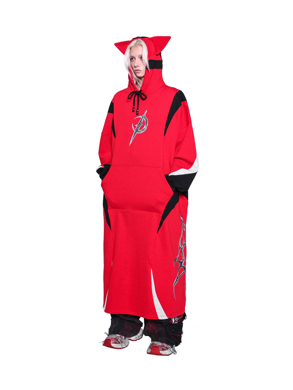 PINKSPINK CAT RACER longline hoodie in red black — side full-length modeled view showing the long silhouette