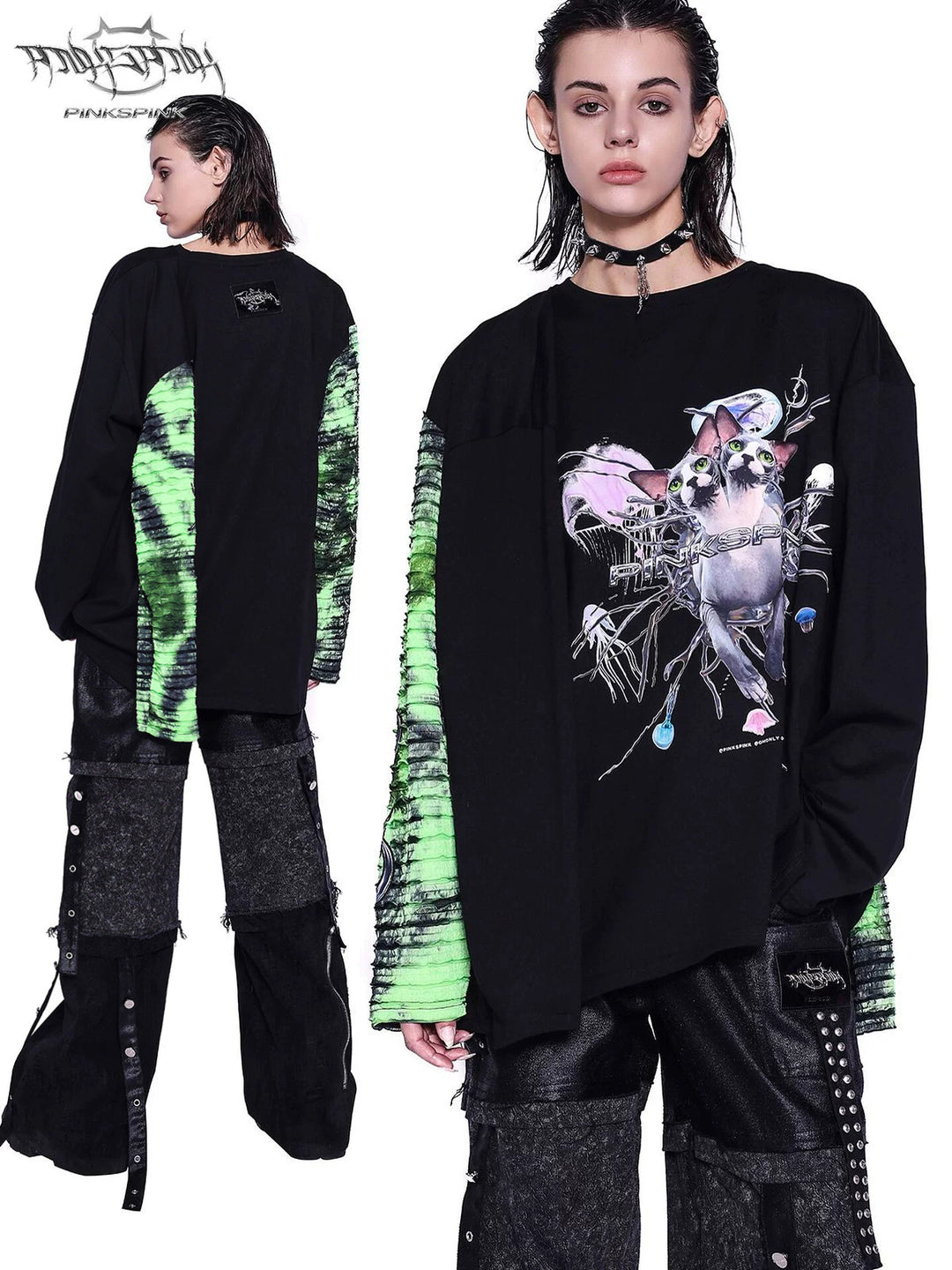PINKSPINK SPHYNX four-sleeve graphic tee in black green — collage of a rear modeled view and front graphic close-up