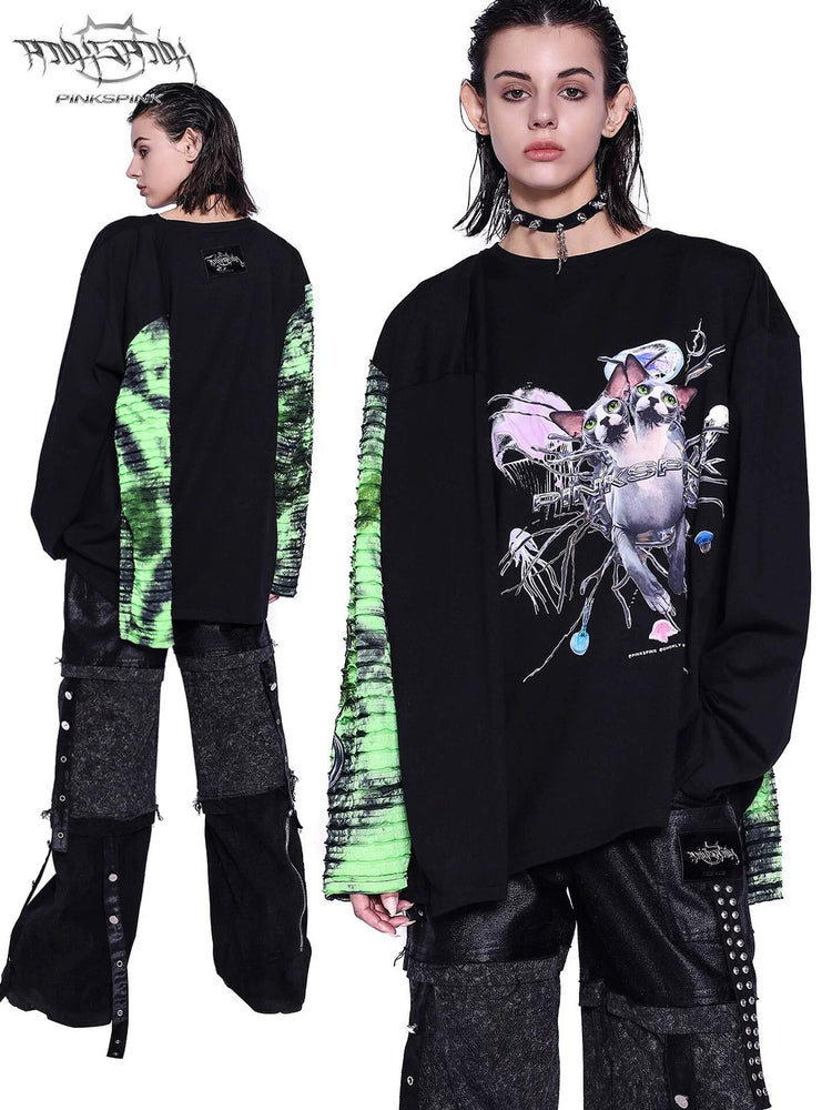 PINKSPINK SPHYNX four-sleeve graphic tee in black green — collage of a rear modeled view and front graphic close-up