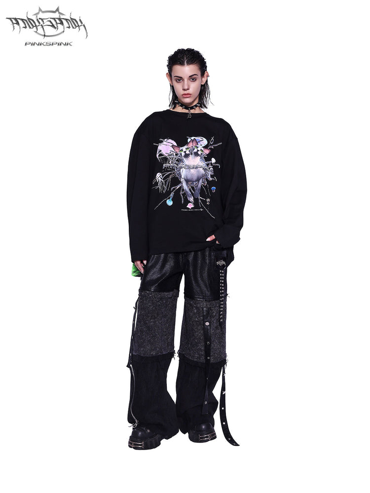 PINKSPINK SPHYNX four-sleeve graphic tee in black green — front full-length modeled view with the black sleeves worn