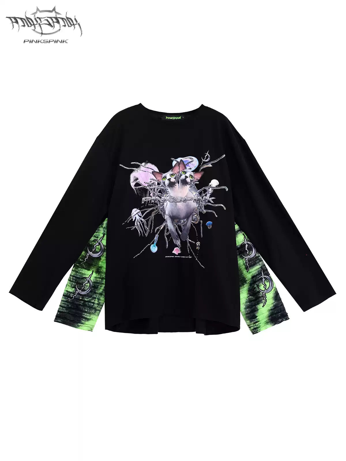 PINKSPINK SPHYNX four-sleeve graphic tee in black green — front garment-only view showing all four sleeves