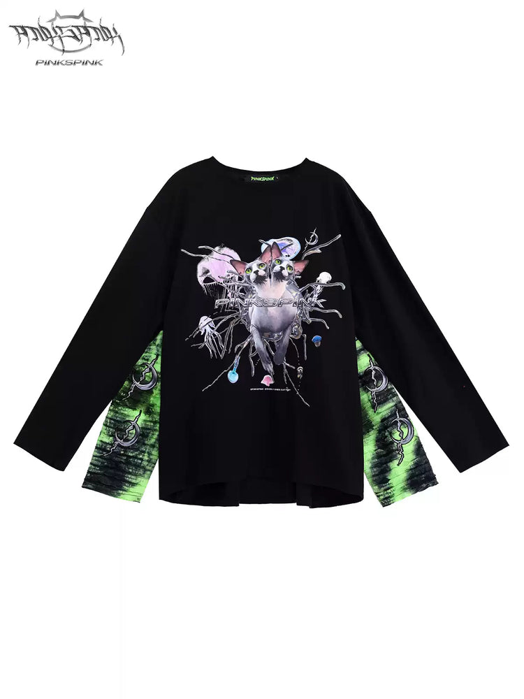 PINKSPINK SPHYNX four-sleeve graphic tee in black green — front garment-only view showing all four sleeves