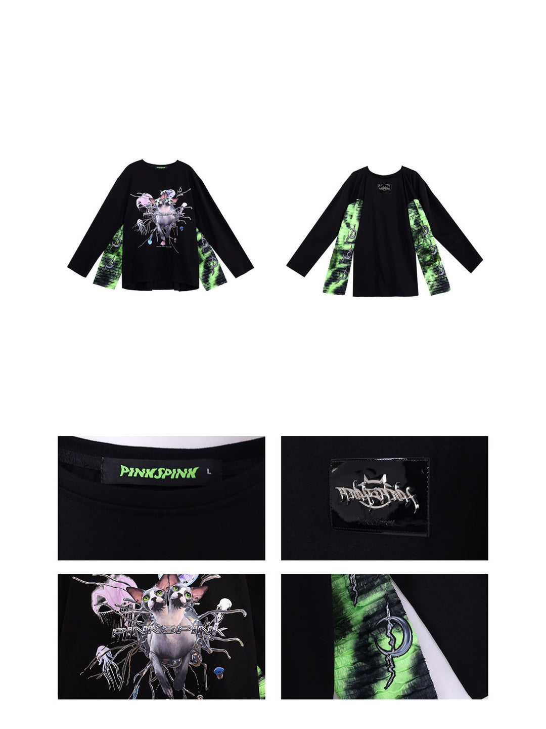 PINKSPINK SPHYNX four-sleeve graphic tee in black green — front and back garment-only views with neckline, back patch and graphic details