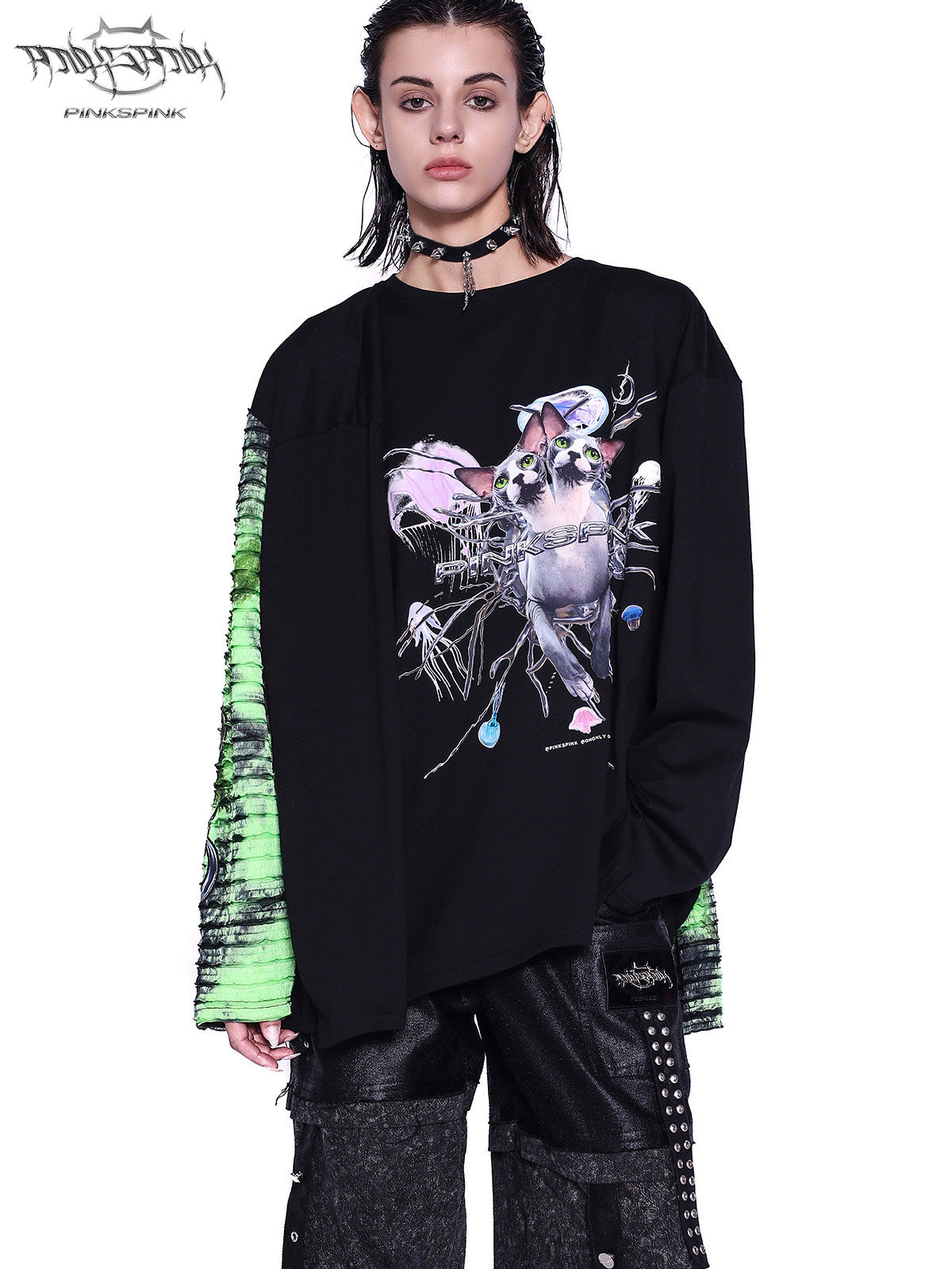 PINKSPINK SPHYNX four-sleeve graphic tee in black green — front graphic close-up without a hat corresponding to the hero collage