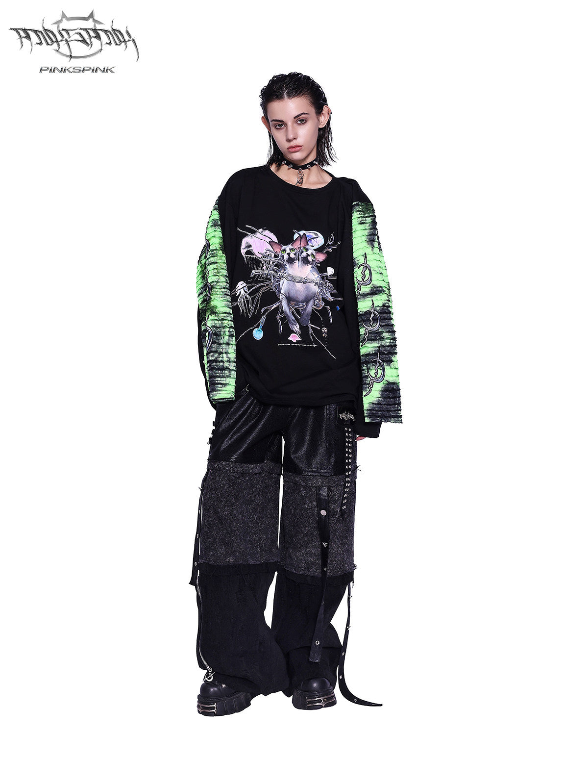 PINKSPINK SPHYNX four-sleeve graphic tee in black green — front full-length modeled view with the green sleeves worn and black sleeves hanging