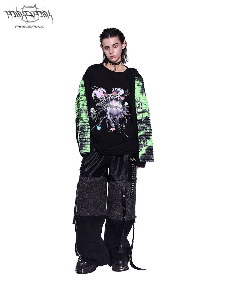 PINKSPINK SPHYNX four-sleeve graphic tee in black green — front full-length modeled view with the green sleeves worn and black sleeves hanging