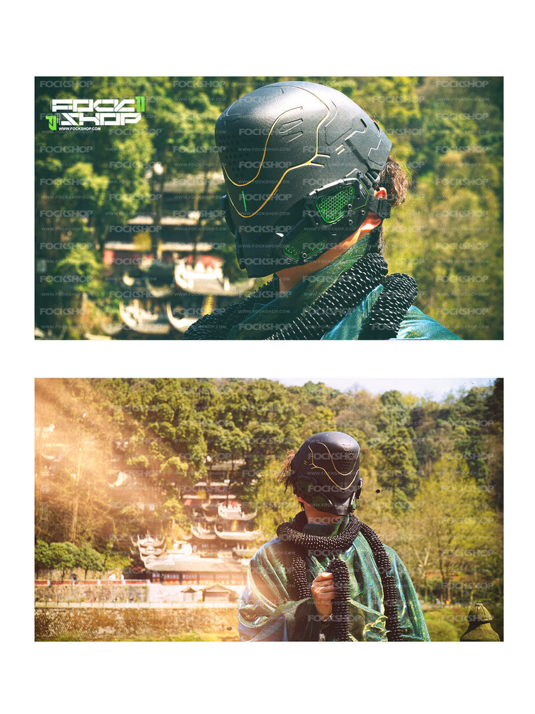 FOCKSHOP PROPHECY illuminated cyber mask — outdoor three-quarter close-up and front modeled view with gold-line detailing