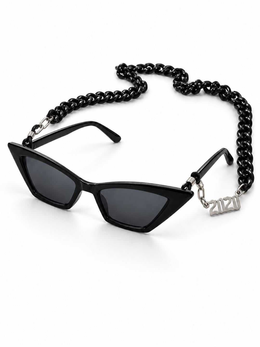 RICH BABY black cat-eye sunglasses and included black chain, angled studio product view on white