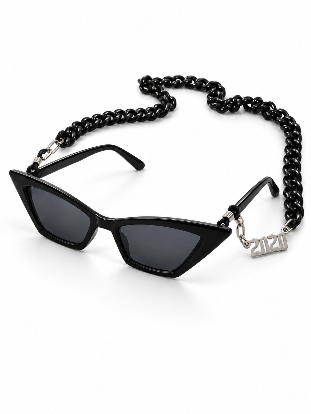 RICH BABY black cat-eye sunglasses and included black chain, angled studio product view on white