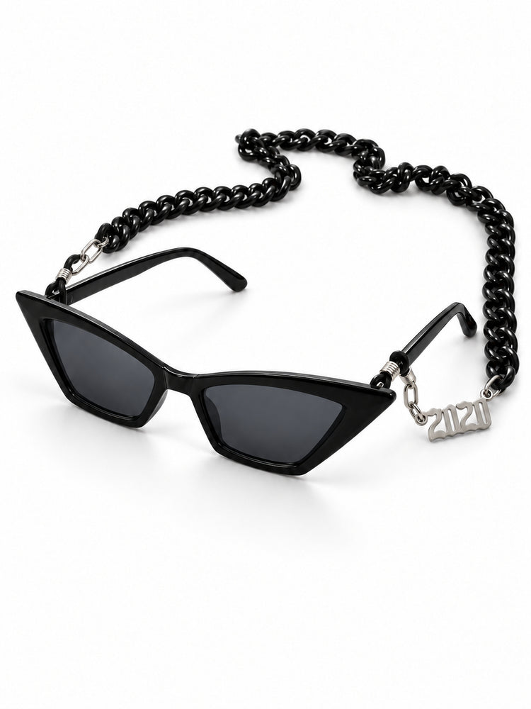 RICH BABY black cat-eye sunglasses and included black chain, angled studio product view on white