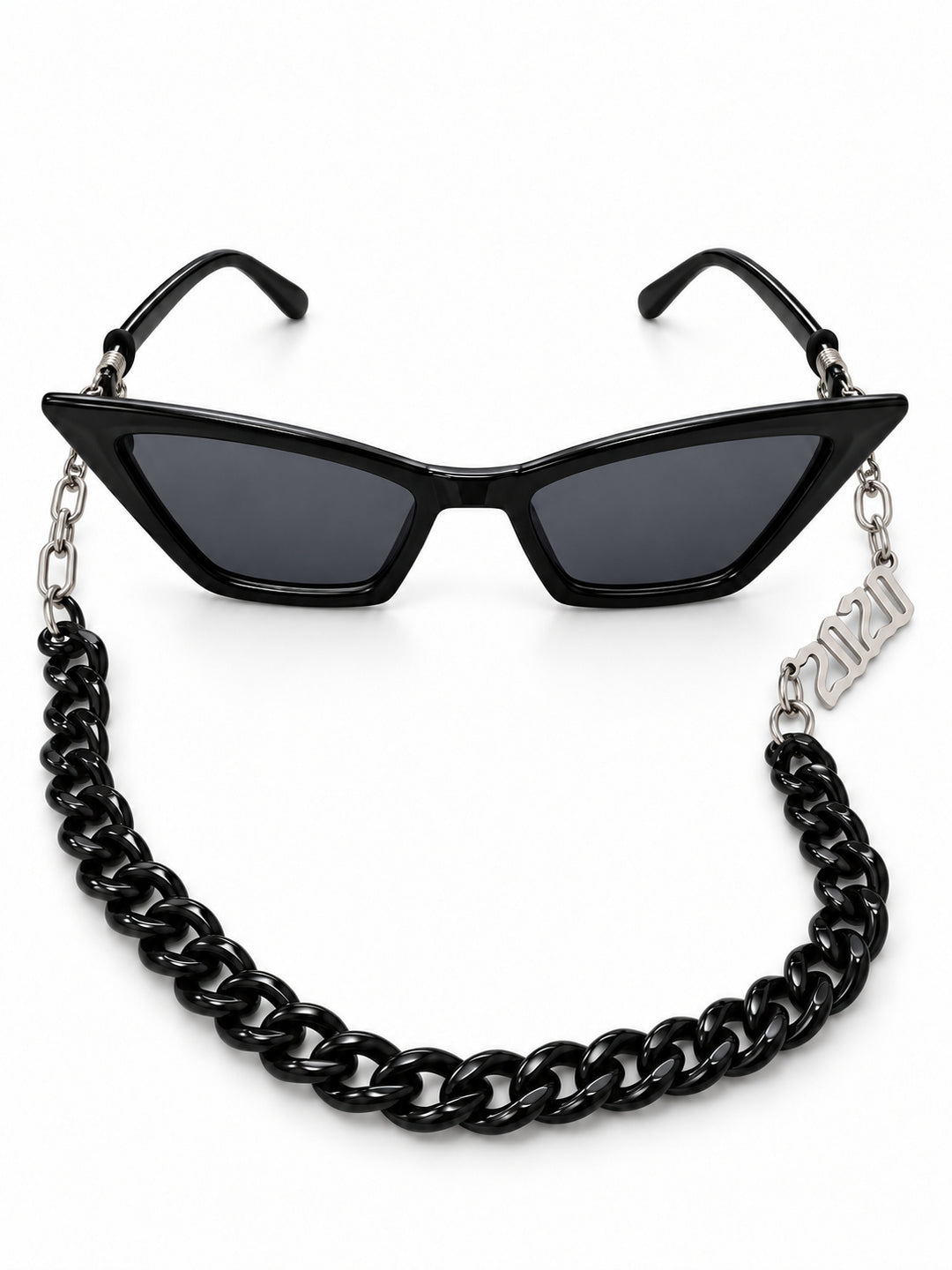 RICH BABY black cat-eye sunglasses and black chain with asymmetric silver connectors, front studio product view