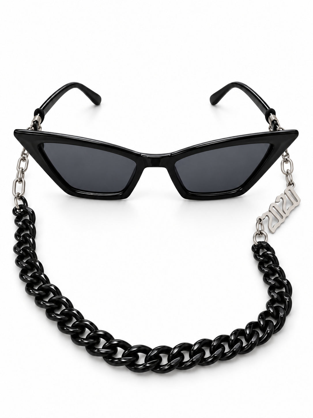 RICH BABY black cat-eye sunglasses and black chain with asymmetric silver connectors, front studio product view
