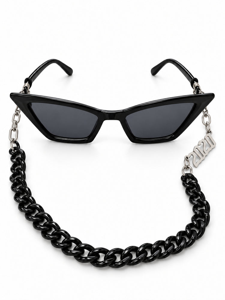 RICH BABY black cat-eye sunglasses and black chain with asymmetric silver connectors, front studio product view