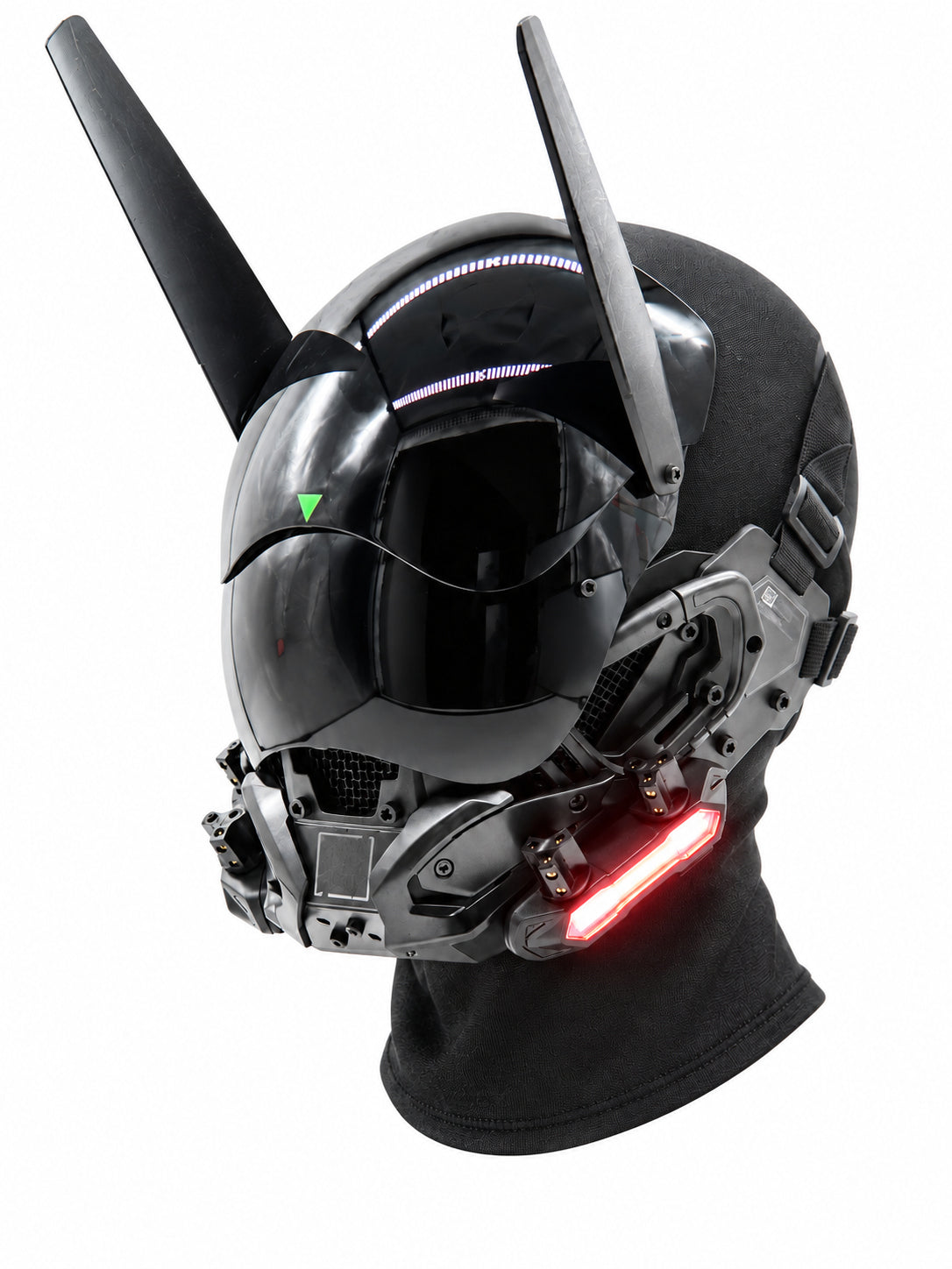 FOCKSHOP VOID anniversary tactical mask — three-quarter product view showing long antenna fins, red side light and black fabric neck