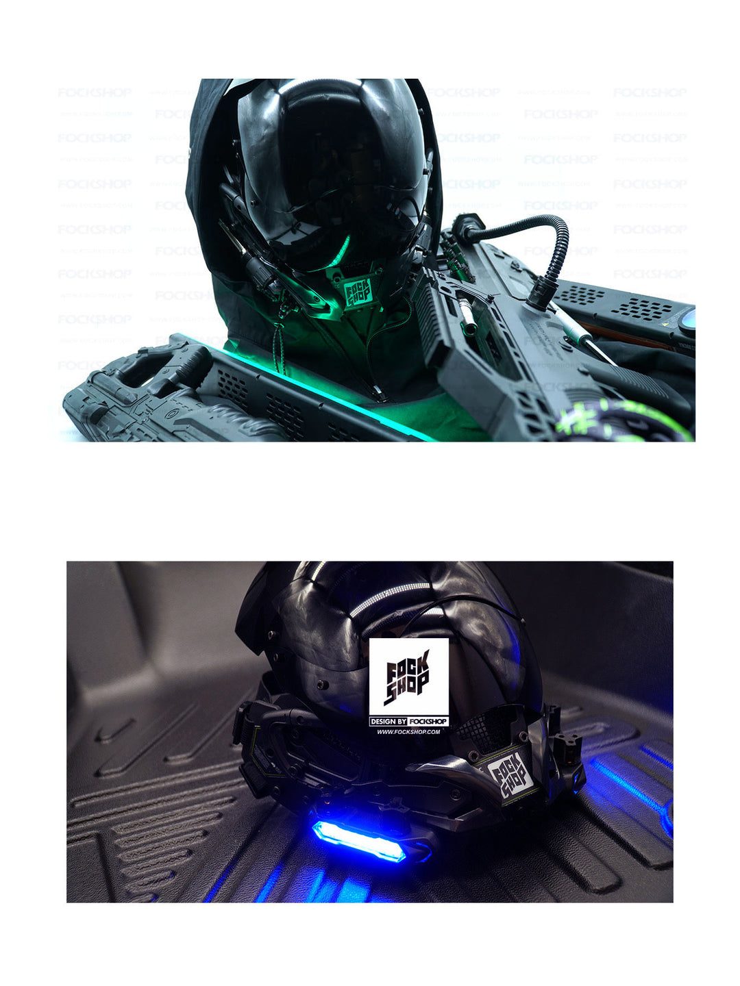 FOCKSHOP VOID illuminated tactical mask — native styled front view and blue illuminated side-light close-up