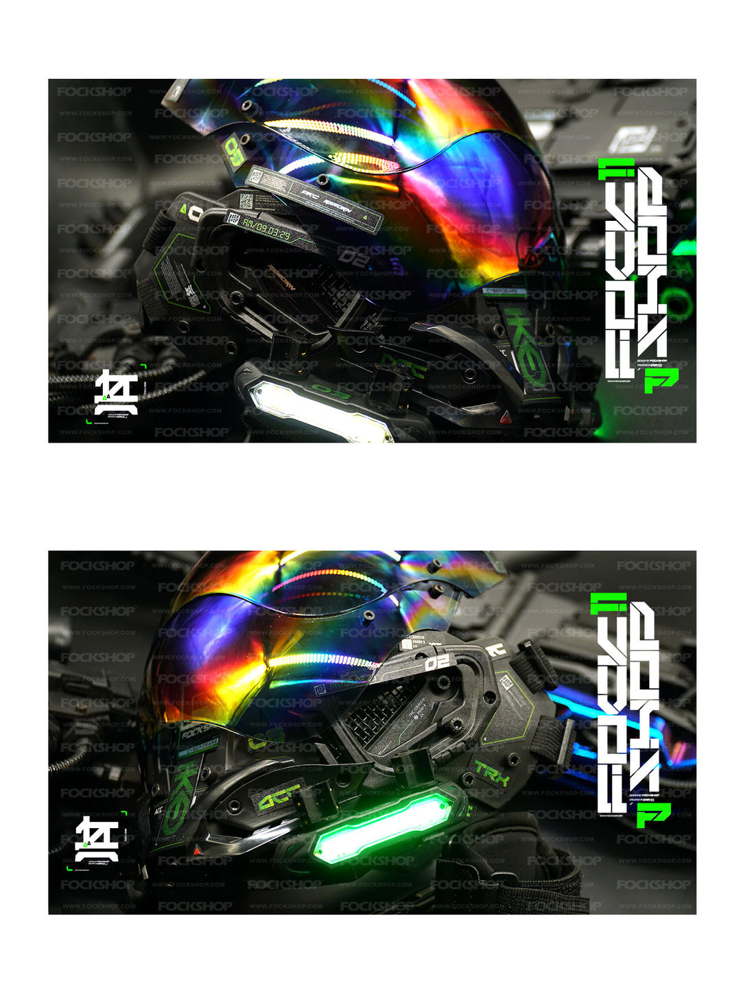 FOCKSHOP VOID illuminated tactical mask — opposite-side close-ups of the iridescent visor, mechanical detailing and illuminated side units