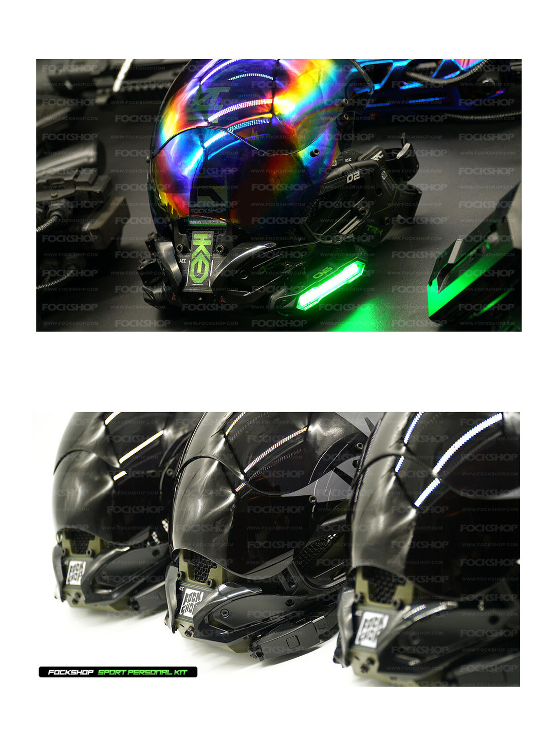 FOCKSHOP VOID illuminated tactical mask — iridescent green-light side view and black and army green non-lit shell comparison