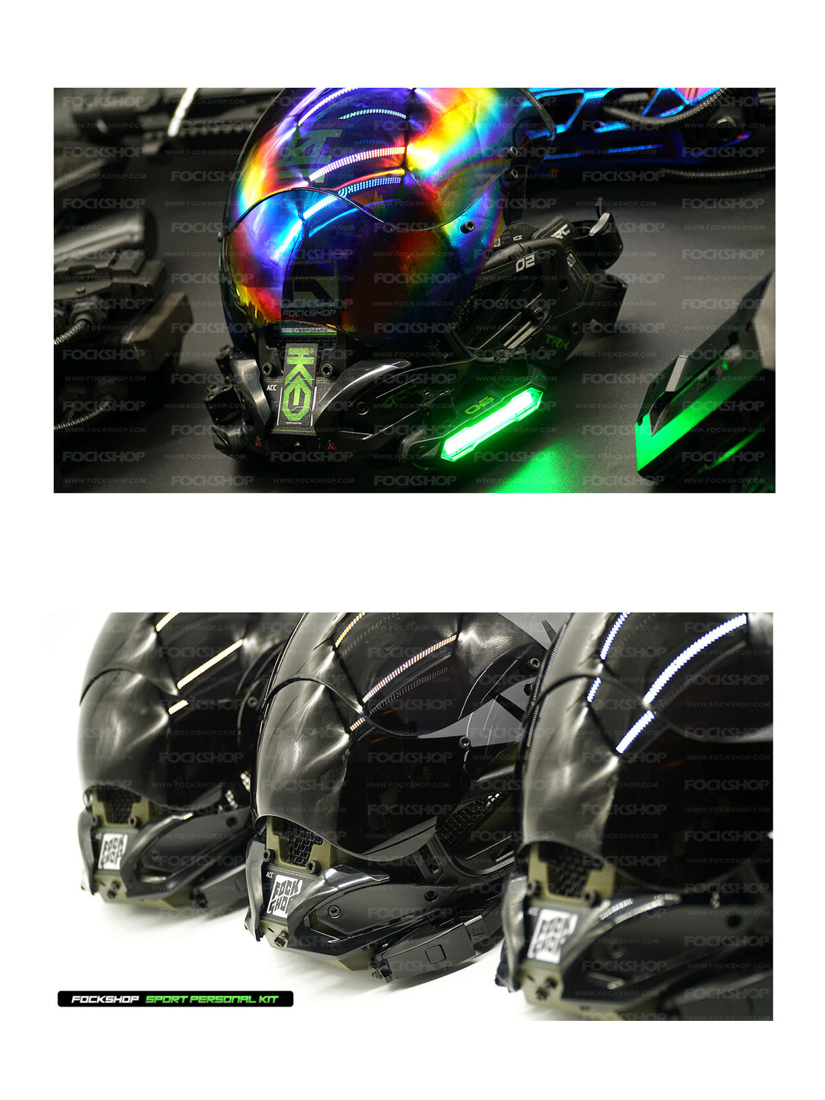 FOCKSHOP VOID illuminated tactical mask — iridescent green-light side view and black and army green non-lit shell comparison
